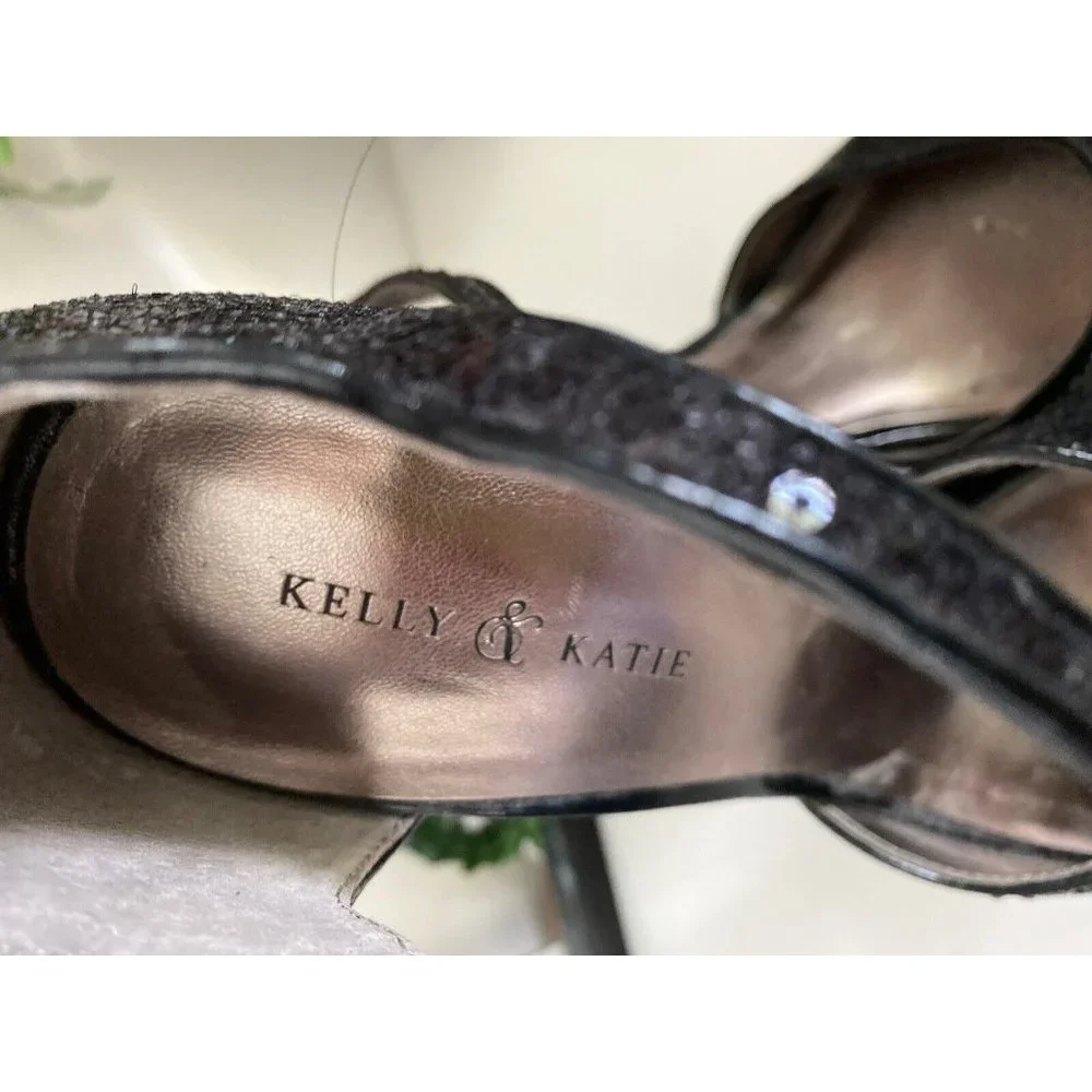 Kelly & Katie Slingback Black Hidden Platform Peep Toe Pumps Sequins‎ Size 7 Vtg